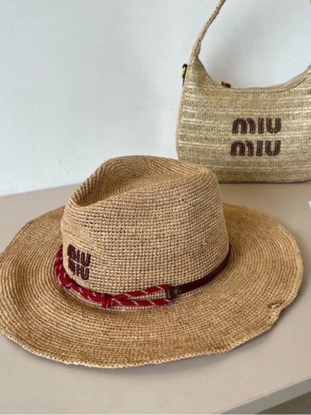 Miu Miu Natural Straw Cowboy Hat with Red Band - Picture 2 of 7